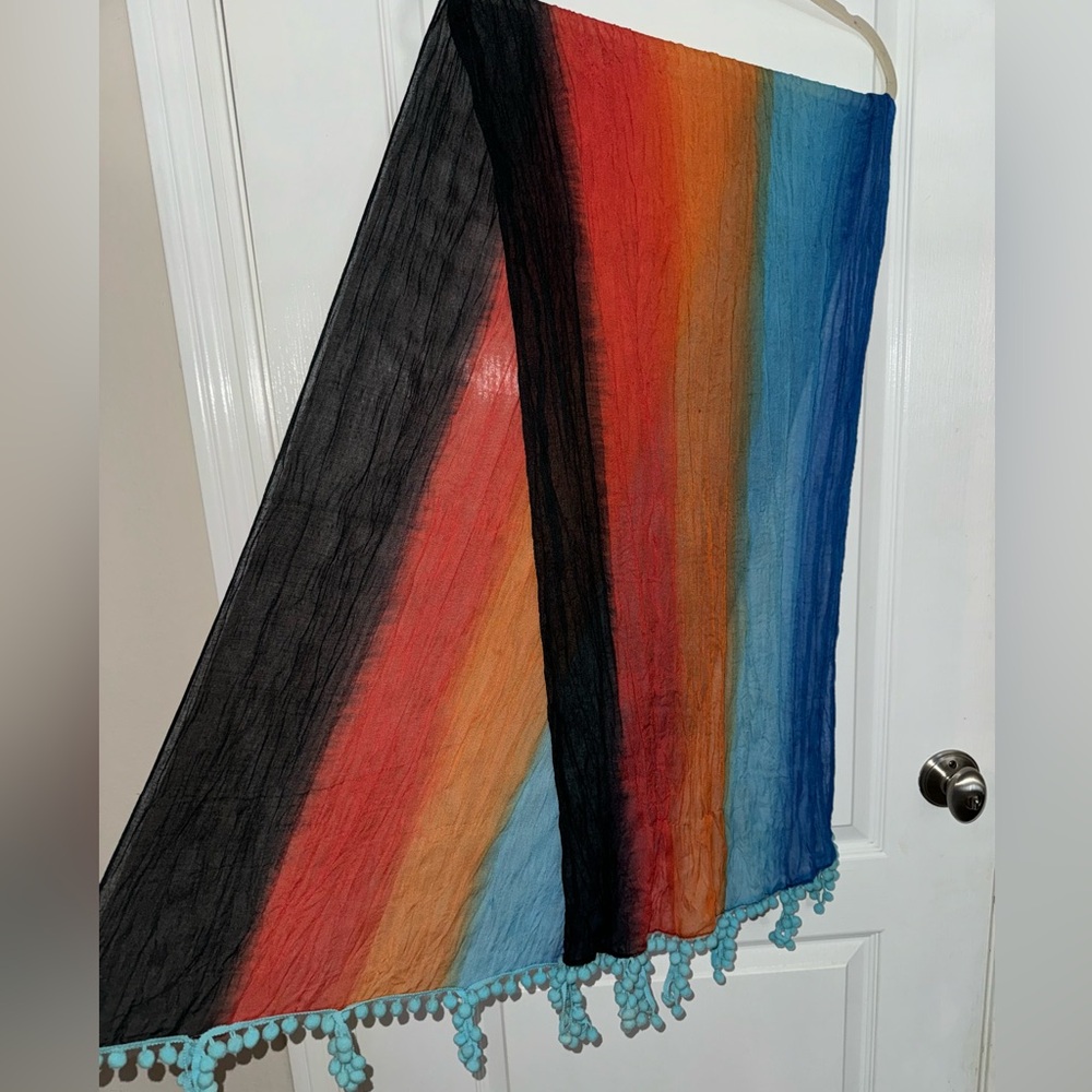 Colorblock Striped Scarf with Pom Trim